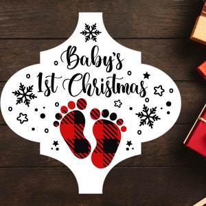 Baby's 1st Christmas SVG, Arabesque Tile Ornament Template SVG, Baby Footprint Buffalo Plaid SVG, Family Holiday svg, Snowflake svg