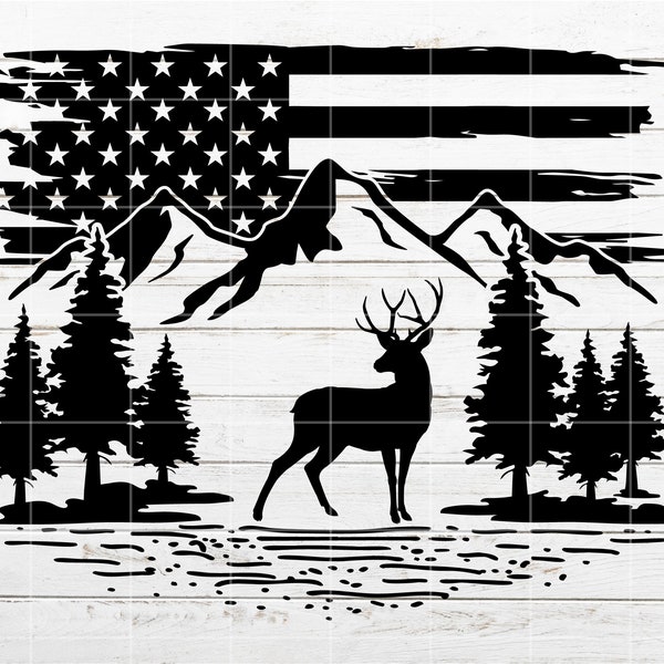 Hunting Flag SVG, Deer SVG, Mountain SVG, Camping svg, Nature scene svg, Distressed American flag Cut File for Shirt, Cricut, Silhouette