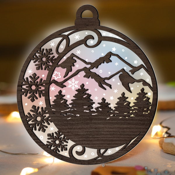Mountain Christmas Ornament SVG Glowforge, Tree Nature Landscape Cut File, Snowflake svg, Country Scene Acrylic layer for CNC machine