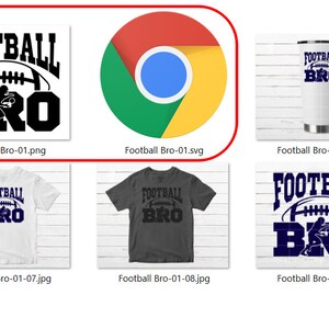 May include: A set of digital design files for a "Football Bro" design. The design features a football and the text "Football Bro" in black and white. The design is available in PNG, SVG, and JPG formats.