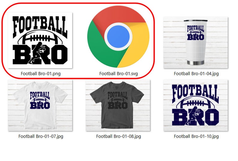 May include: A set of digital design files for a "Football Bro" design. The design features a football and the text "Football Bro" in black and white. The design is available in PNG, SVG, and JPG formats.