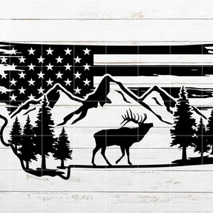 Montana Mountain Flag SVG, Elk Nature Scene SVG, Hunting svg, Distressed American flag SVG, Camping svg Cut File for Cricut, Laser Engraving