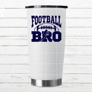May include: White stainless steel tumbler with a blue and white football design and the text "FOOTBALL BRO".