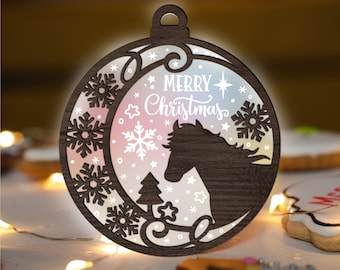 Horse Head Ornament Glowforge SVG, Christmas Laser Cut File, Snowlake svg, Acrylic Wood winter ornaments multi-layer for CNC machine