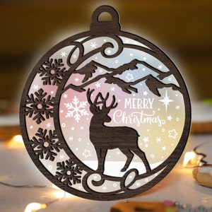 Deer Mountain Christmas Ornament SVG Glowforge, Woodland Animal Cut File, Snowflake svg, Acrylic Wood Engrave layer for CNC machine