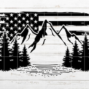 Mountain SVG, Distressed American Flag SVG, Camping svg, Nature Scene svg for Shirt, Cricut, Silhouette, Cut File, Laser Engrave