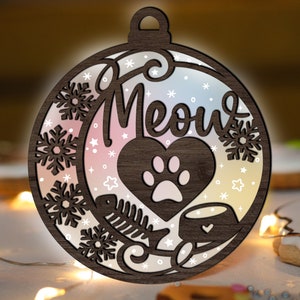 Cat Christmas Ornament SVG Glowforge, Cat Mom Meow svg, Cat Paw in Heart laser Cut File, Snowflake svg, Acrylic Wood SVG for CNC machine