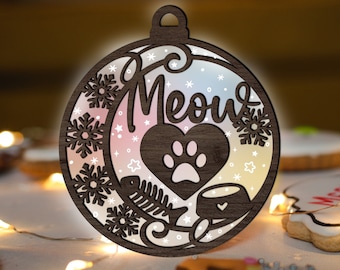 Cat Christmas Ornament SVG Glowforge, Cat Mom Meow svg, Cat Paw in Heart laser Cut File, Snowflake svg, Acrylic Wood SVG for CNC machine