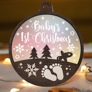 Baby's 1st Christmas Ornament SVG Glowforge, Acrylic Ball laser Cut File, Family svg, Baby foot print Template multi-layer for CNC machine