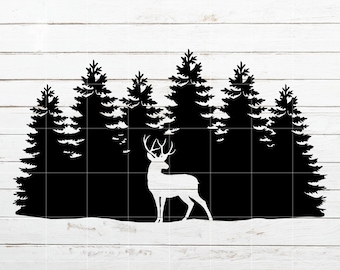 May include: Silhouette of a white-tailed deer standing in a black forest of pine trees. The deer is facing right and has large antlers.