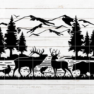 Mountain Nature Scene SVG, Hunting Elk Deer SVG, Bear, Fish, Pheasant, Camping svg Cut File for Cricut, Silhouette, Laser Engraving