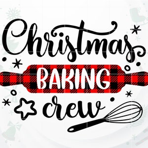 May include: Black and red buffalo plaid rolling pin with the text "Christmas Baking Crew" in black script font. A black whisk is also included in the image.