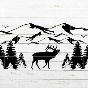 Mountain SVG, Elk SVG, Hunting SVG, Forest Tree svg, Nature Scene svg file for Cricut, Silhouette, Cut File, Laser Engraving