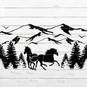 Horse SVG, Mountain SVG, Forest SVG, Running Horses Nature Scenery svg for Shirt, Decal, Tumbler, Cricut, Silhouette, Cut File