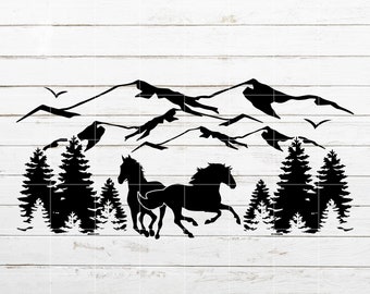Horse SVG, Mountain SVG, Forest SVG, Running Horses Nature Scenery svg for Shirt, Decal, Tumbler, Cricut, Silhouette, Cut File