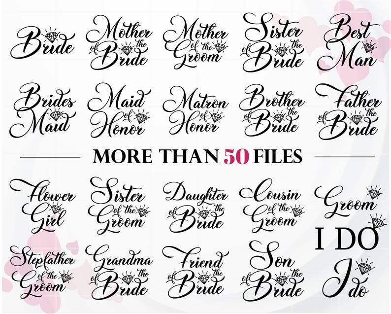 Op de afbeelding: Een set van 20 zwart-witte SVG-snijbestanden met een bruiloftsthema. De tekst bevat zinnen zoals "Bride", "Groom", "Maid of Honor", "Best Man", "Sister of the Bride", "Father of the Bride", "Flower Girl", "I Do" en "Meer dan 50 bestanden".