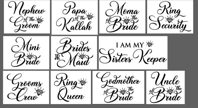 May include: A set of 10 wedding party signs with black calligraphy text and diamond illustrations. The signs include titles like "Nephew of the Groom", "Papa of the Killah", "Moma of the Bride", "Ring Security", "Mini Bride", "JR Brides Maid", "I Am My Sisters Keeper", "Grooms Crew", "Ring Queen", "Godmother of the Bride", and "Uncle of the Bride".