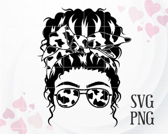 Cow Print Messy Bun SVG, Mom Life SVG, Farm Life SVG, Sublimation png and Cut File, Hair svg, Woman Face svg, Cricut, Silhouette, Printable