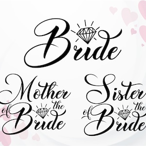 Op de afbeelding: Zwarte en witte kalligrafietekst met een diamantgrafiek. De tekst luidt "Bride", "Moeder van de bruid" en "Zuster van de bruid".