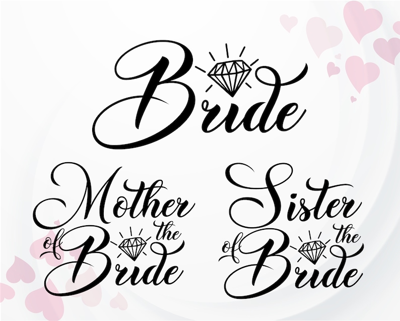 Op de afbeelding: Zwarte en witte kalligrafietekst met een diamantgrafiek. De tekst luidt "Bride", "Moeder van de bruid" en "Zuster van de bruid".