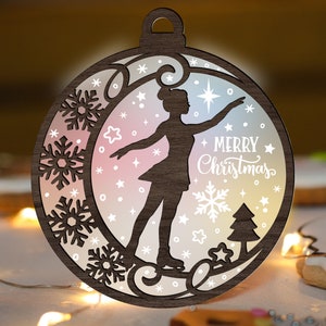 Figure Skating Christmas Ornament SVG Glowforge Layered laser Cut File, Acrylic Wood Engraving multi-layer Digital Files for CNC machine