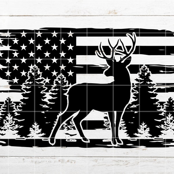 Hunting SVG, Deer SVG, Distressed flag svg, Forest SVG, Deer scene svg for Shirt, Cricut, Silhouette, Cut File