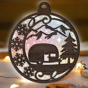 Mountain Camper Christmas Ornament Glowforge SVG, Laser Cut File, Snowlake svg, Winter Holiday ornaments multi-layer for CNC machine