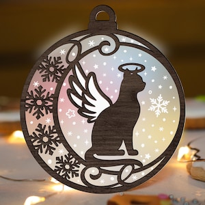 Memorial Cat Christmas Ornament SVG Glowforge, Angel Wings Laser Cut File, multi-layer for CNC machine
