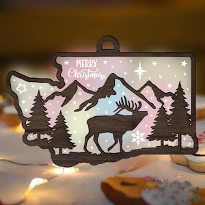 Moose Washington State Mountain Christmas Ornament SVG Glowforge, Acrylic Wood multi-layer Laser Cut File for CNC machine