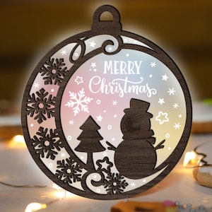 Merry Christmas Ornament SVG Glowforge, Cute Snowman SVG laser Cut File, Snowflake svg, Tree svg, Acrylic Wood multi-layer for CNC machine