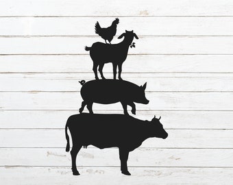 Peut inclure: Silhouette d'une vache, d'un cochon, d'une chèvre et d'un poulet empilés les uns sur les autres sur un fond de bois blanc.