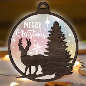 Hunting Christmas Ornament SVG Glowforge, Deer laser Cut File, Wildlife Deer Scene multi-layer for CNC machine