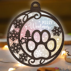 Dog Paw Christmas Ornament SVG Glowforge, Merry Woofmas laser Cut File, Snowflake svg, Acrylic Wood Ball Pet SVG multi-layer for CNC machine