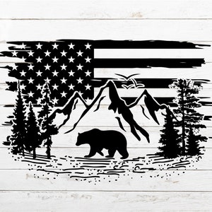 Mountain SVG, Bear SVG, Nature SVG, Flag svg, Camping svg, Mountain scene svg for Shirt, Distressed flag svg, Cricut, Silhouette, Cut File