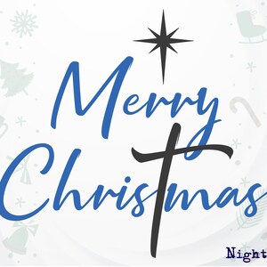 May include: A blue and black Christmas design with the text "Merry Christmas" and a star above a cross.