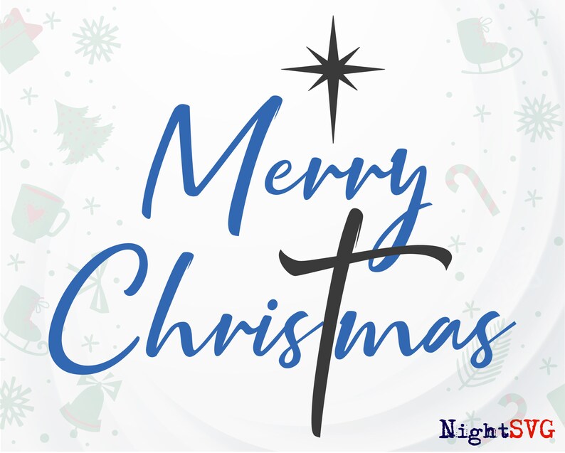 May include: A blue and black Christmas design with the text "Merry Christmas" and a star above a cross.