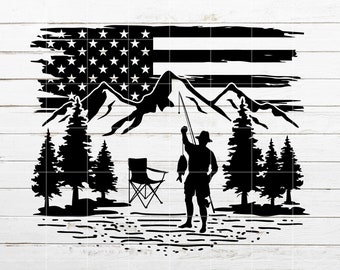 Fisherman SVG, Mountain SVG, Distressed American Flag svg, Fishing Nature Scene SVG, Camping svg for Cricut, Silhouette, Laser Engraving