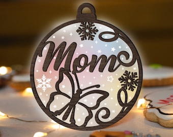 Mom Butterfly Christmas Ornament SVG Glowforge Laser Cut File, Multi-layer Snowflake Ornament for CNC machine