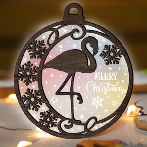 Flamingo Ornament Glowforge SVG, Summer Christmas Laser Cut File, Snowflake svg, Acrylic Wood winter ornaments multi-layer for CNC machine