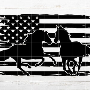 May include: Silhouette of two horses running in front of a distressed American flag. The flag is black and white with a grunge effect.