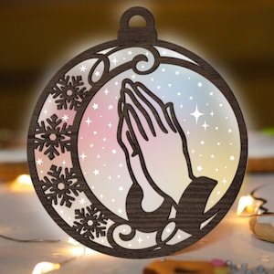 Praying Hands Ornament Glowforge SVG, Christian Christmas Laser Cut File, Snowlake svg, Acrylic ornament multi layer files for CNC machine