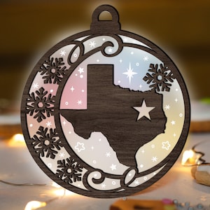 Texas Flag Map Ornament Glowforge SVG, Christmas Laser Cut File, Snowlake svg, Acrylic Wood winter ornaments multi-layer for CNC machine