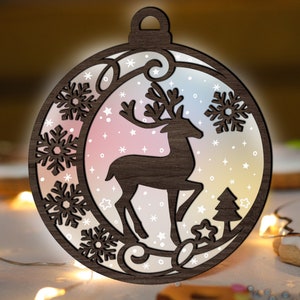 Reindeer Christmas Ornament SVG Glowforge, laser Cut File, Snowflake SVG, Hunting svg, Winter Deer Scene multi-layer for CNC machine