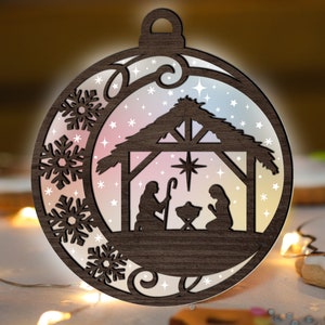 Nativity Scene Christmas Ornament Glowforge SVG, O Holy Night Acrylic Laser Cut File, Snowlake svg ornaments multi-layer for CNC machine