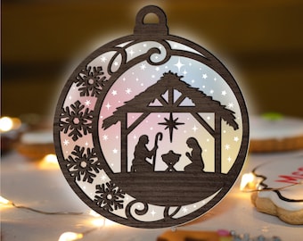 Nativity Scene Christmas Ornament Glowforge SVG, O Holy Night Acrylic Laser Cut File, Snowlake svg ornaments multi-layer for CNC machine