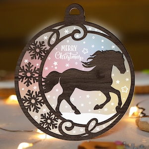 Elegant Horse Christmas Ornament Glowforge SVG, Laser Cut File, Snowlake svg, Winter ornaments multi-layer for CNC machine