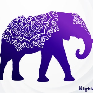 May include: A purple elephant silhouette with a white mandala design on its back. The elephant is facing the left side of the image.