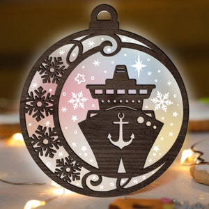 Cruise Ship Christmas Ornament SVG Glowforge, Family Vacation Acrylic Wood SVG laser Cut File, Snowflake svg multi-layer for CNC machine