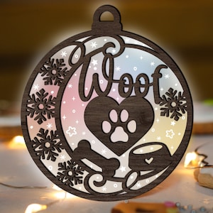 Dog Christmas Ornament SVG Glowforge, Dog Mom Woof svg, Dog Paw in Heart laser Cut File, Snowflake svg, Acrylic Wood SVG for CNC machine