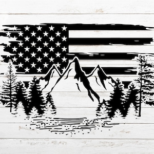May include: Black and white silhouette of a mountain range with pine trees in front of a distressed American flag.